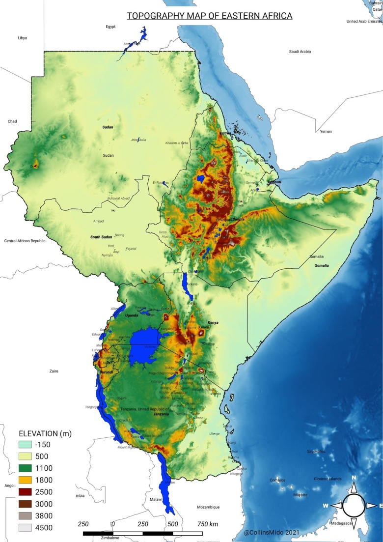 Topograficzna mapa Afryki Wschodniej