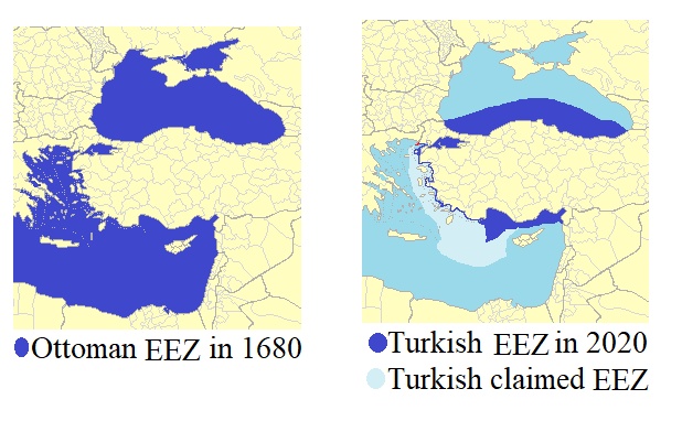 Wyłączna strefa ekonomiczna (EEZ - Exclusive Economic Zones) Turcji i Imperium Osmańskiego, 1680 vs. 2020