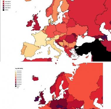 Średni wskaźnik masy ciała (BMI, wskaźnik otyłości) w Europie. Różnica między kobietami i mężczyznami, 2016, WHO
