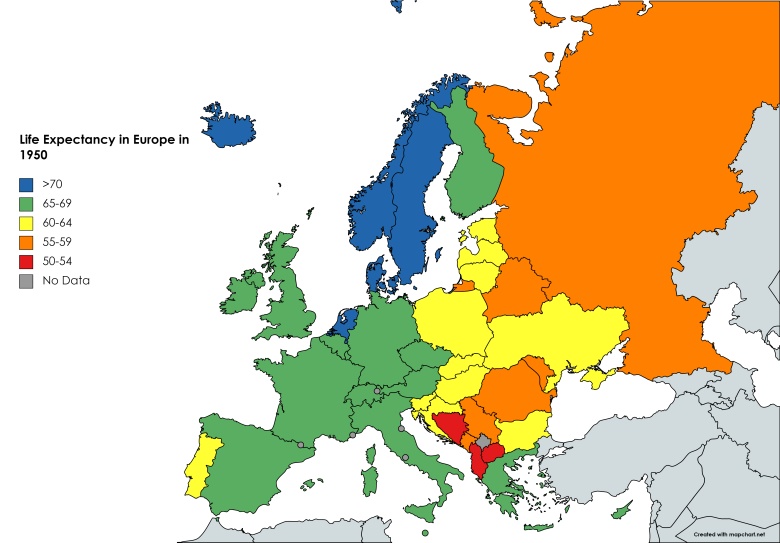 Oczekiwana długość życia w Europie w 1950 roku