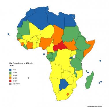 Oczekiwana długość życia w Afryce w 2020 roku