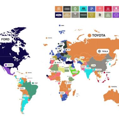 Najczęściej wyszukiwane marki samochodowe w poszczególnych krajach świata, 2021