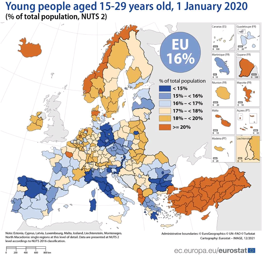 Odsetek młodych ludzi w wieku 15-29 lat w Europie z podziałem na regiony, 2020