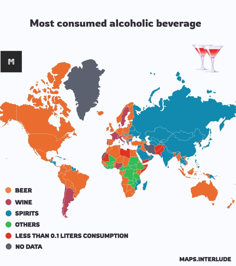 Preferowany typ napojów alkoholowych na świecie: wino, piwo, spirytusowe