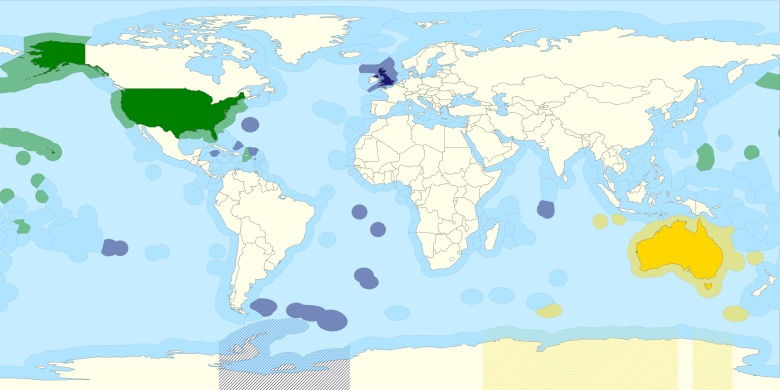 Wyłączna strefa ekonomiczna (EEZ - Exclusive Economic Zones) państw należących do AUKUS (USA, Wielkiej Brytania, Australia)