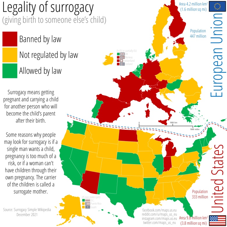 Status prawny surogatek, kobiet które za pieniądze rodzą dzieci w USA i Unii, 2021