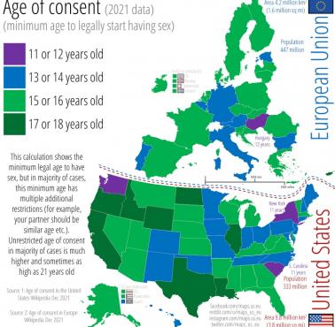Wiek zgody (wyrażenia ważnej prawnie zgody na czynności seksualne) w poszczególnych krajach Europy i stanach USA, 2021