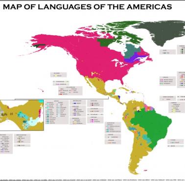 Mapa językowa (dominujący język z podziałem na regiony) obu Ameryk