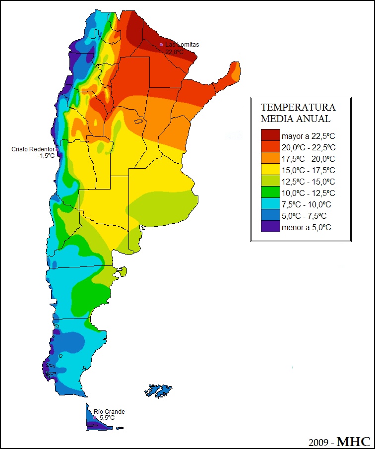 Średnia roczna temperatura w Argentynie, 2009