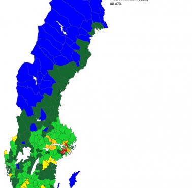 Biała populacja Szwecji według gmin (w procentach), 2021