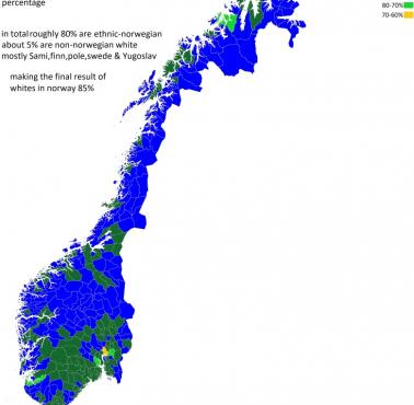 Biała populacja Norwegii według gmin (w procentach), 2021
