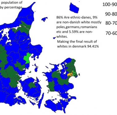 Biała populacja Danii według gmin (w procentach), 2021