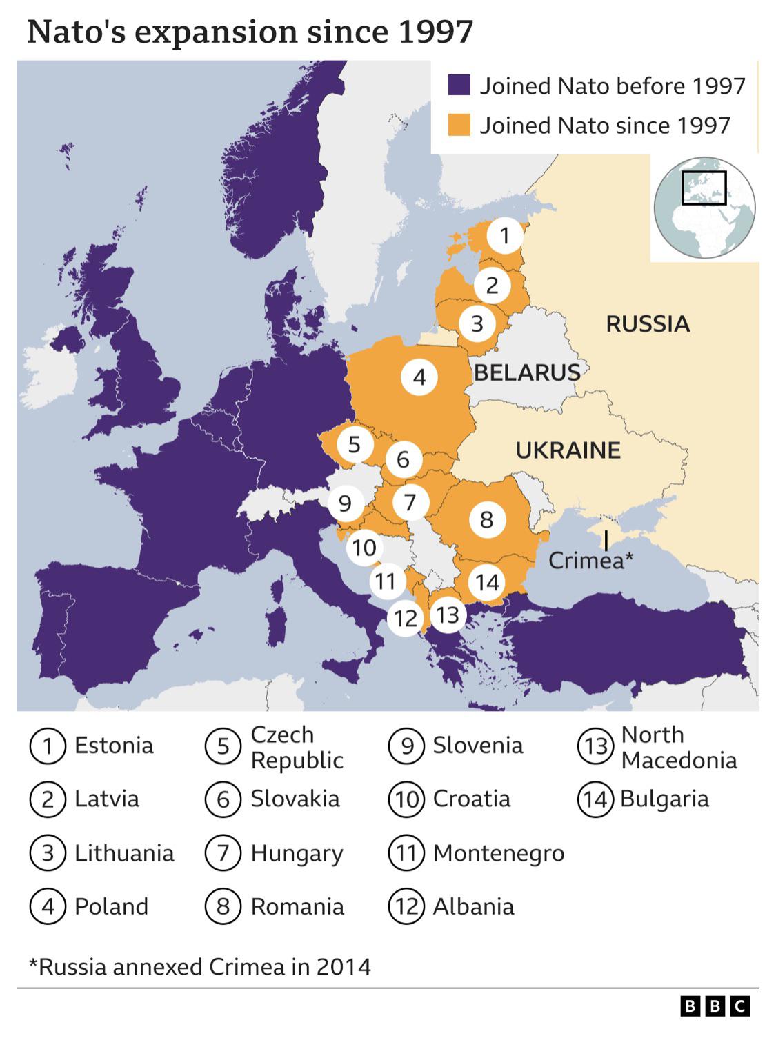 Mapa powiększenia się NATO w Europie od 1997 roku