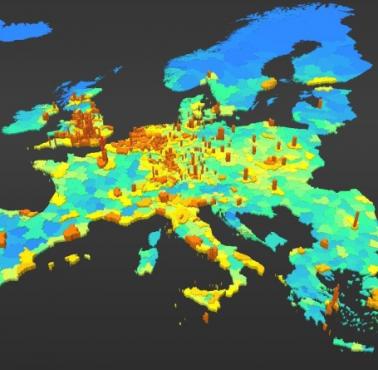 Gęstość zaludnienia Europy. Widoczne obszary skazane na peryferyjność oraz obszar głównego rozwoju Unii