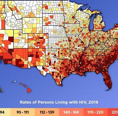 Liczba chorych na AIDS/HIV w hrabstwach USA, 2019