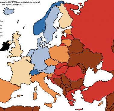 PKB na osobę (per capita) w 2021 w Europie (w dolarach)