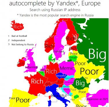 Autouzupełnianie rosyjskiej wyszukiwarki Yandex na pytanie "Dlaczego (kraj) jest tak ...", Europa