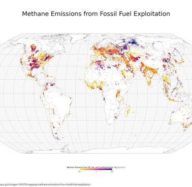 Obszary z największą emisją metanu (CH4) na świecie. Ciemniejsze obszary oznaczają obszary o wyższej emisji