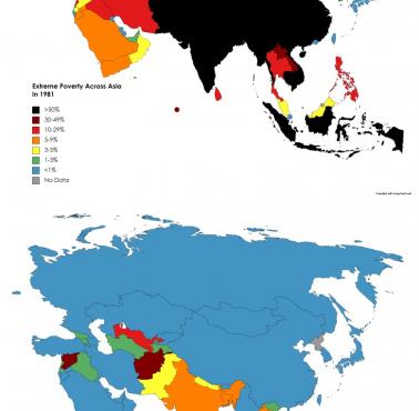 Ekstremalne ubóstwo (<1,25 USD dziennie) w Azji jako procent populacji, 1981 vs. 2019