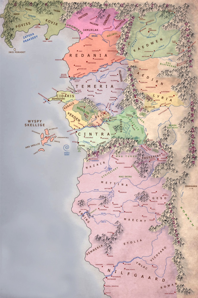Mapa świata stworzona na potrzeby serii książek fantasy Wiedźmin