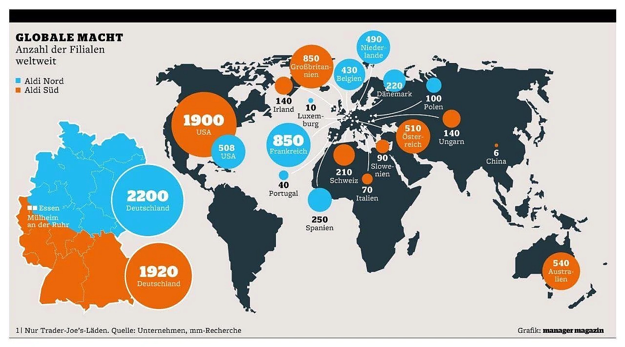 Geopolityka: Sieć niemieckiej sieci handlowej Aldi na świecie (sprzedaż nadwyżek rolno-przemysłowych)