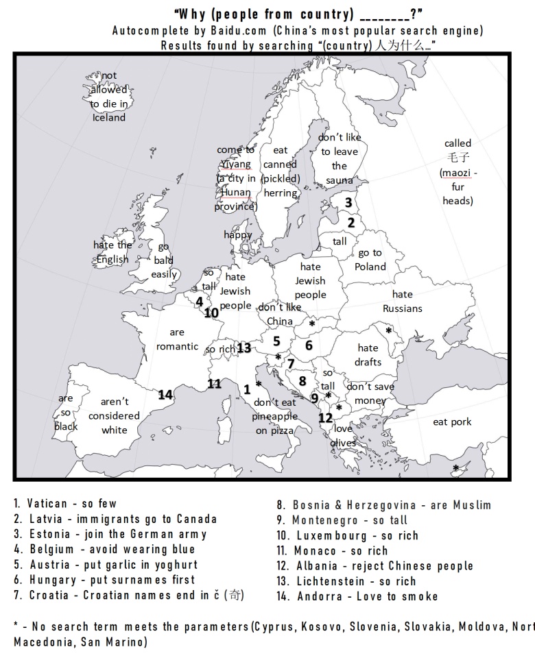 Autouzupełnianie chińskiej wyszukiwarki Baidu na pytanie Dlaczego (ludzie z kraju)…, Europa