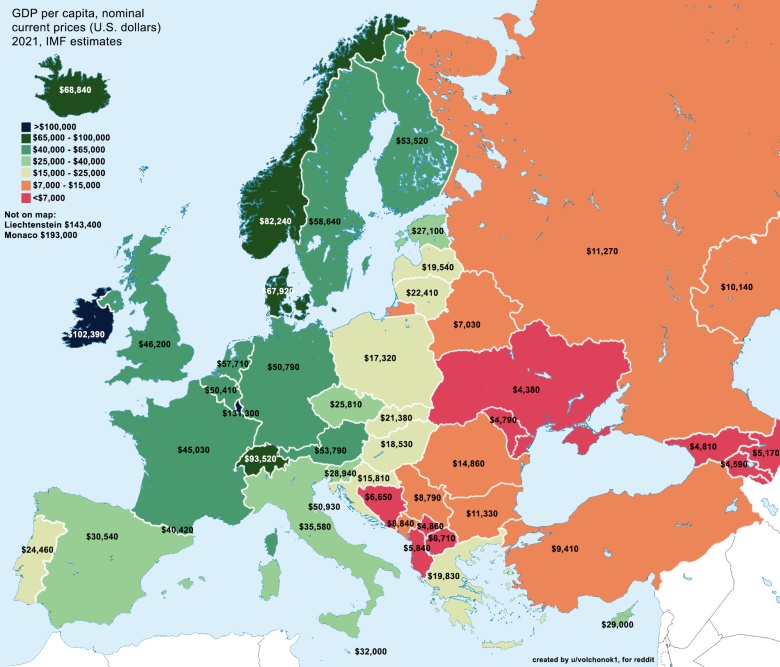 PKB na osobę (per capita) w 2021 w Europie (w dolarach), dane MFW