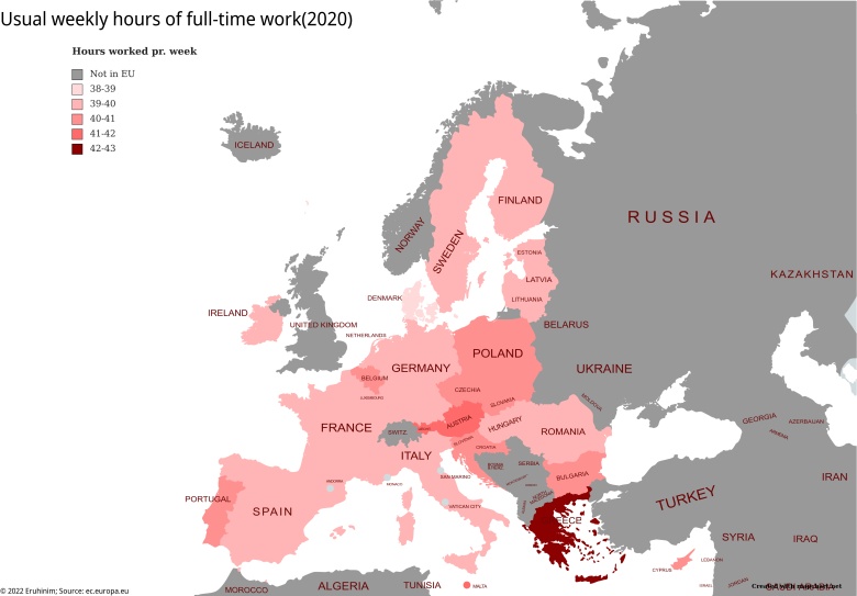 Ile godzin w tygodniu pracuje średnio mieszkaniec danego kraju w Europie, 2020