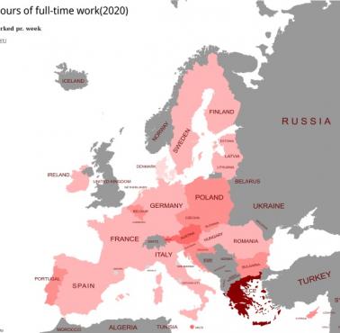 Ile godzin w tygodniu pracuje średnio mieszkaniec danego kraju w Europie, 2020