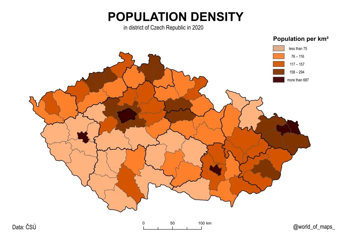 Gęstość zaludnienia Czech, 2020