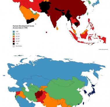 Wskaźnik rozwoju społecznego HDI (od ang. Human Development Index) Azji, 1990 i 2020