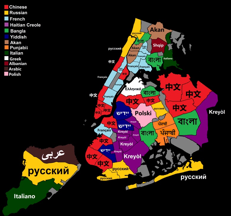 Najpopularniejsze języki (po angielskim i hiszpańskim) w Nowym Jorku z podziałem na dzielnice