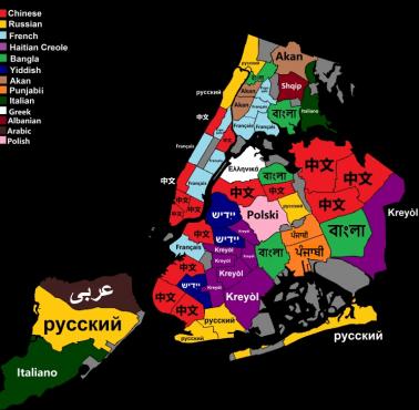 Najpopularniejsze języki (po angielskim i hiszpańskim) w Nowym Jorku z podziałem na dzielnice