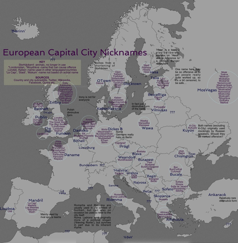 Nazwy europejskich stolic w slangu danego państwa