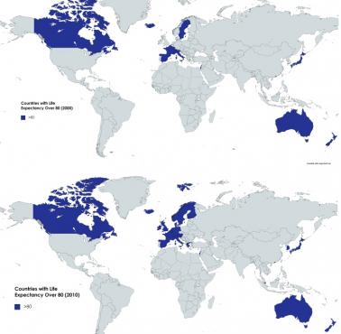 Kraje, w których średnia długość życia jest większa niż 80 lat: 1990, 2000, 2010, 2020