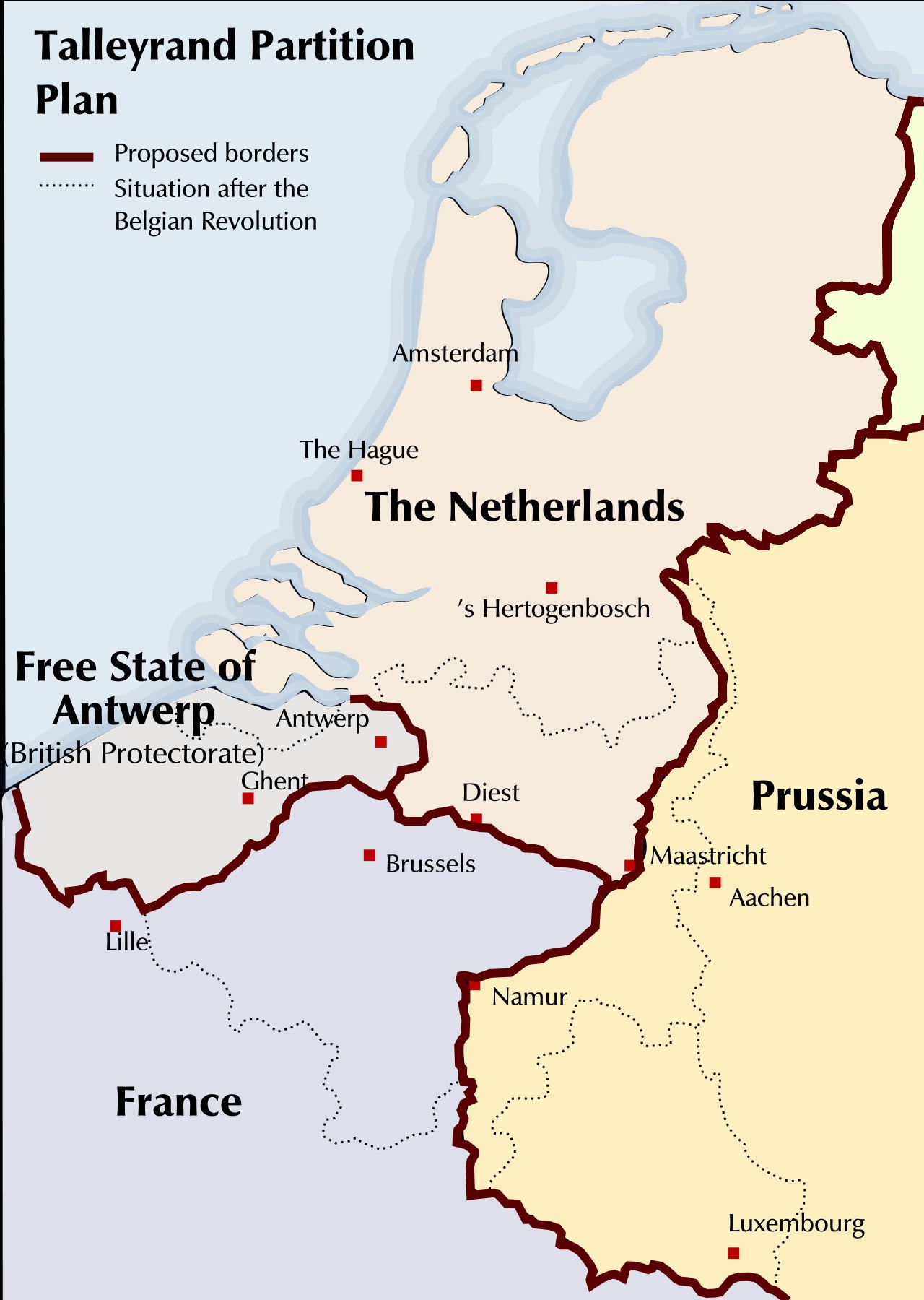 Plan podziału Belgii zaproponowany w 1830 roku przez Francuza Charlesa Maurice'a de Talleyranda