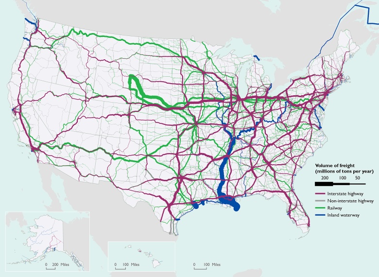 Główne trasy frachtu wewnątrz USA (autostrady, koleje, drogi wodne), 2018