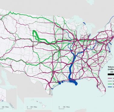 Główne trasy frachtu wewnątrz USA (autostrady, koleje, drogi wodne), 2018