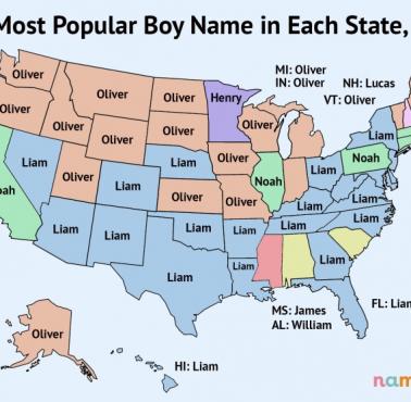 Najpopularniejsze imiona chłopców w poszczególnych stanach USA, 2020