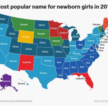Najpopularniejsze imiona dziewczynek w poszczególnych stanach USA, 2018