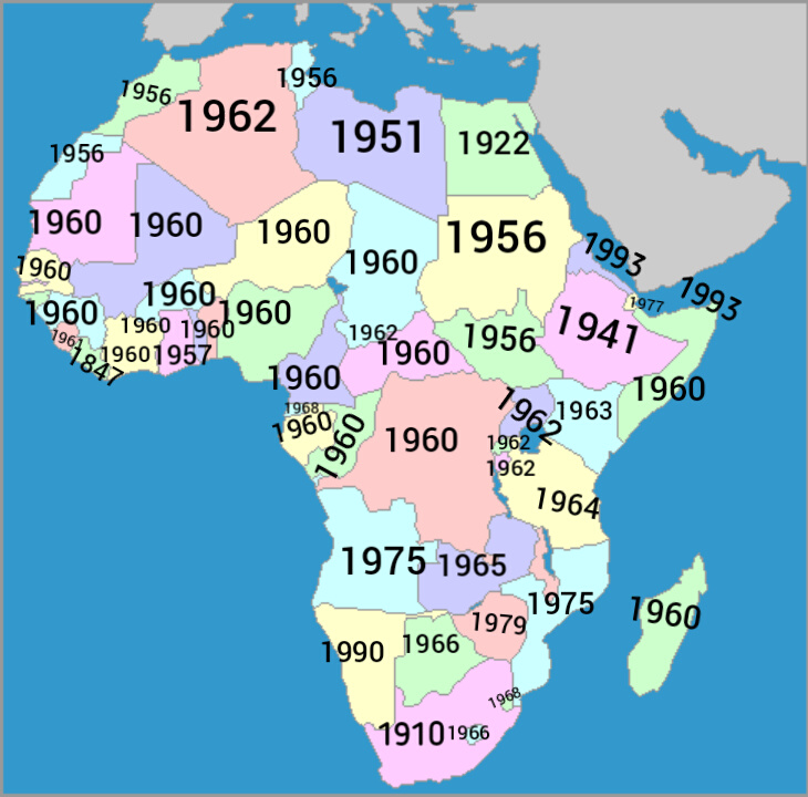 Państwa afrykańskie według lat uzyskania niepodległości
