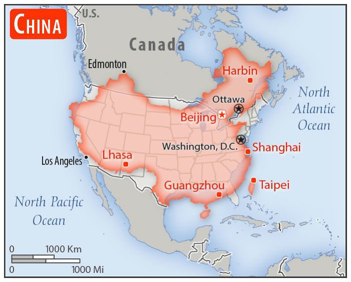 Mapa Chin nałożona na mapę USA
