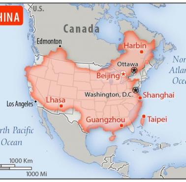 Mapa Chin nałożona na mapę USA