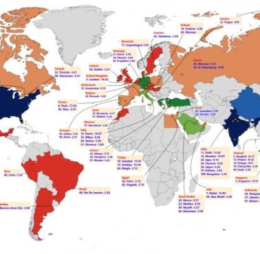 Top100 najpopularniejszych miast na świecie i liczba miast według kraju