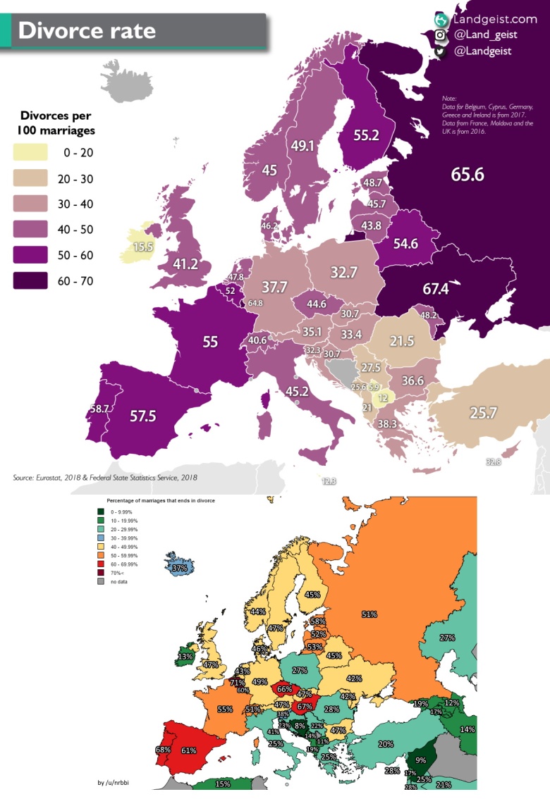 Wskaźniki rozwodów w Europie 2018 vs. 2021