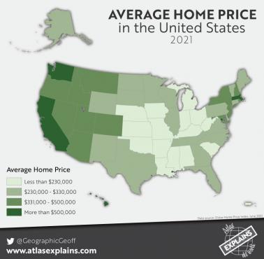 Średnia cena domu według stanu USA, 2021