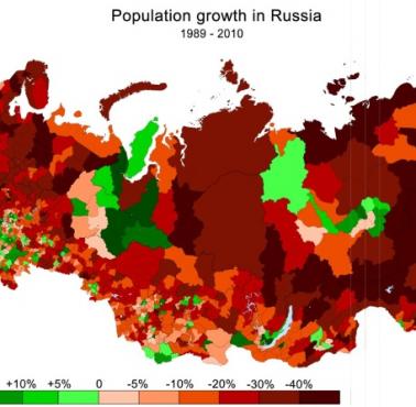 Zmiana liczby ludności Rosji z podziałem na jednostki administracyjne w latach 1989-2010