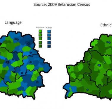 Dominujący język w białoruskich domach (dane 2009) oraz pochodzenie etniczne mieszkańców Białorusi