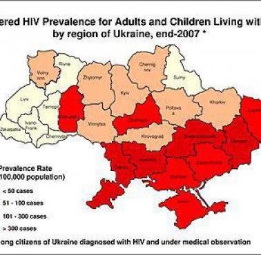 Odsetek chorych na AIDS/HIV na Ukrainie na 100 tys. mieszkańców z podziałem na jednostki administracyjne, 2007