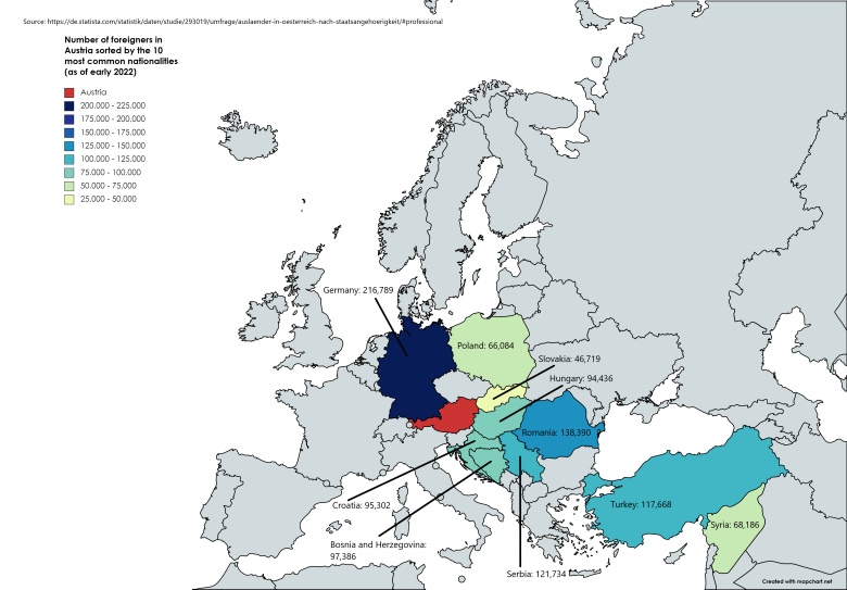 Liczba obcokrajowców w Austrii według 10 najpopularniejszych narodowości (stan na początek 2022 r.)